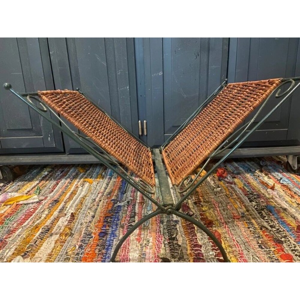 Vintage Mid-Century Modern Folding Wicker & Iron Magazine Rack